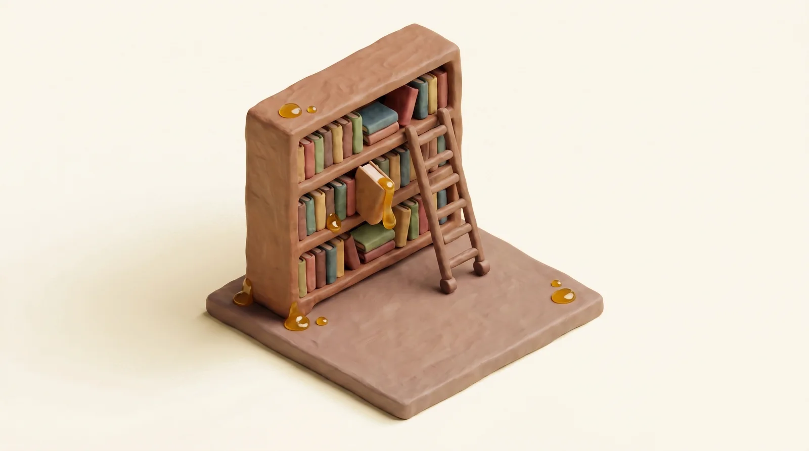 Clay diorama of a bookshelf with a rolling ladder and a yellow bookmark