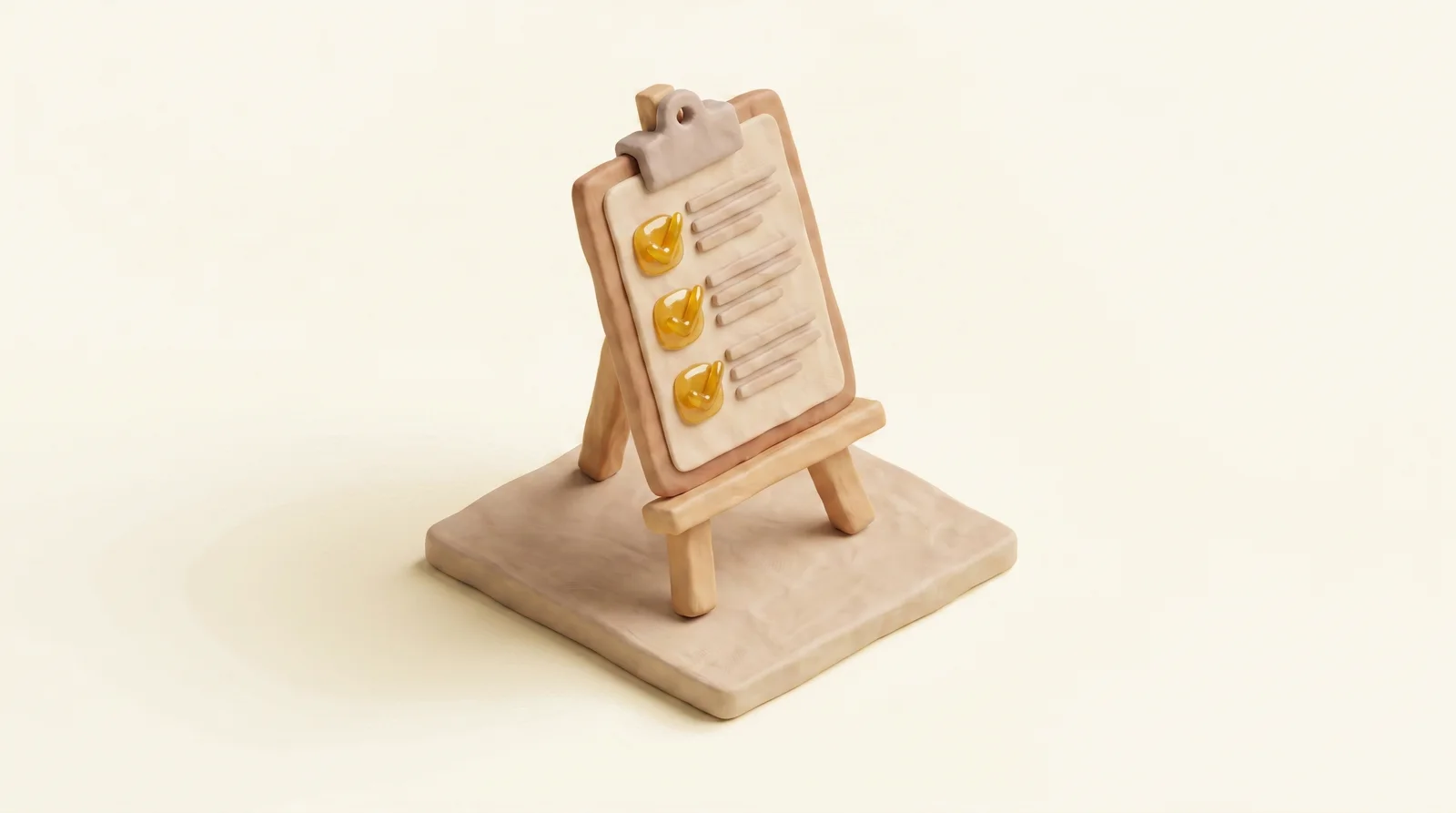 Clay diorama of an easel holding a checklist with yellow checkmarks