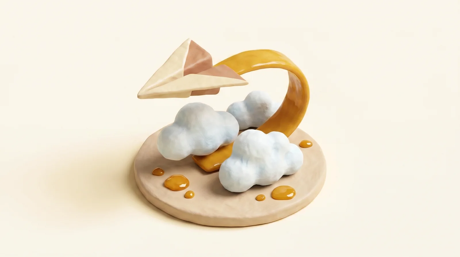 Clay diorama of a paper airplane flying over clay clouds trailing a yellow ribbon