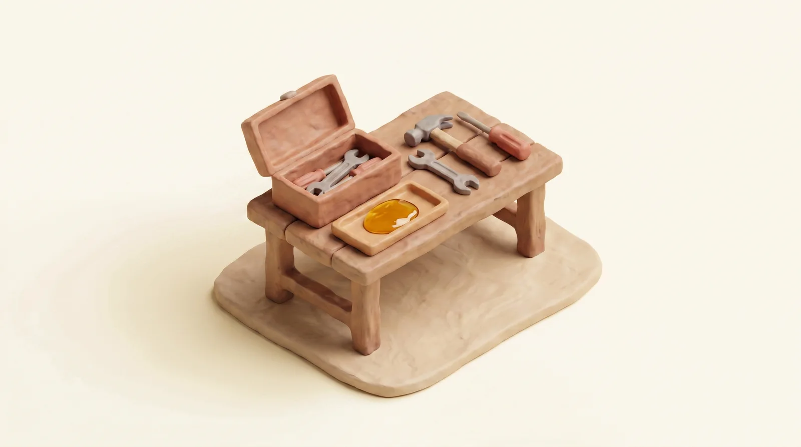 Clay diorama of an open toolbox with tools laid out