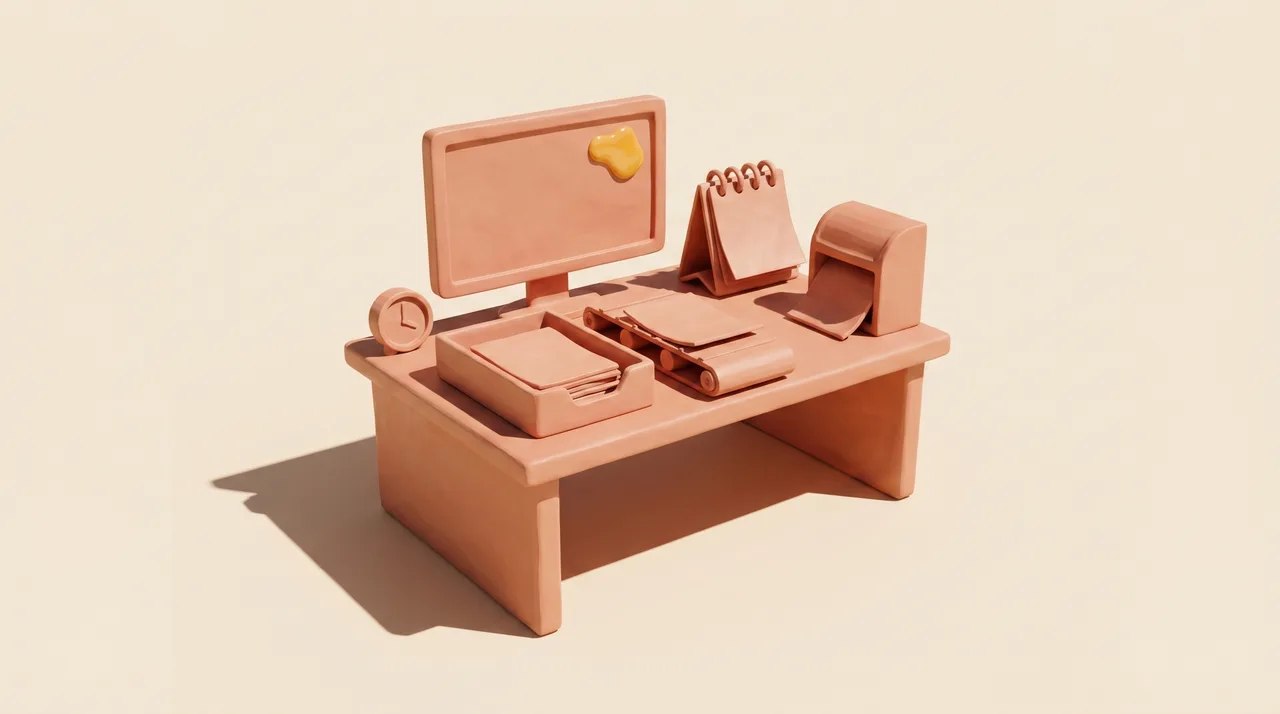 Clay diorama of an autonomous operations desk: dashboard, paper queue on a conveyor, calendar and mail chute